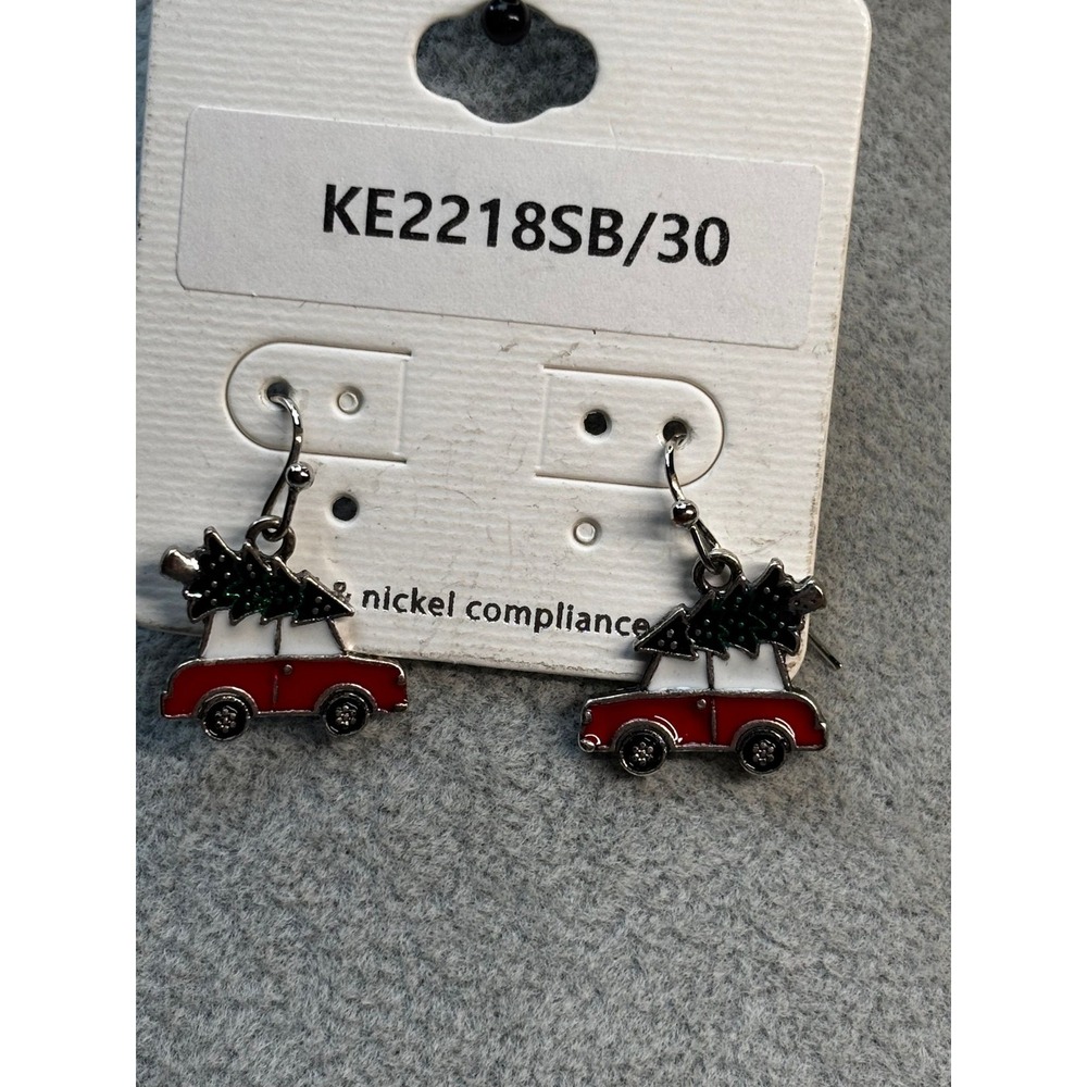 #80. Vintage Red Car with Christmas Tree Dangle Earrings